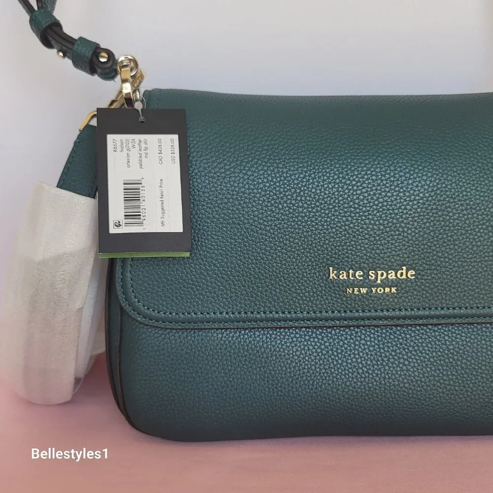 KATE SPADE Hudson Pebbled Leather Medium Flap Convertible Shoulder Bag-Artesian⭐ - Picture 15 of 16